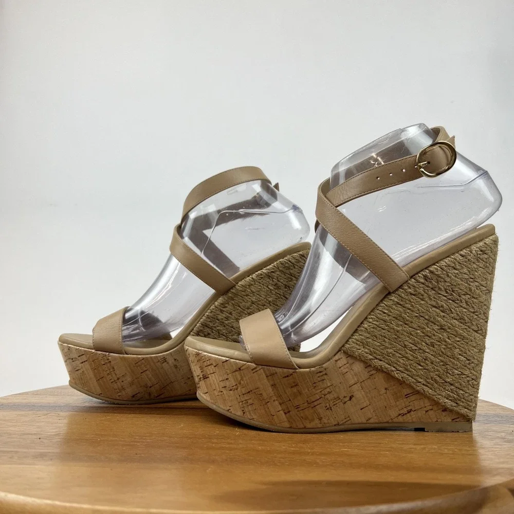 New Womens Stuart Weitzman 5050 Beige Leather Raffia Platform Wedge Sandals Sz 9